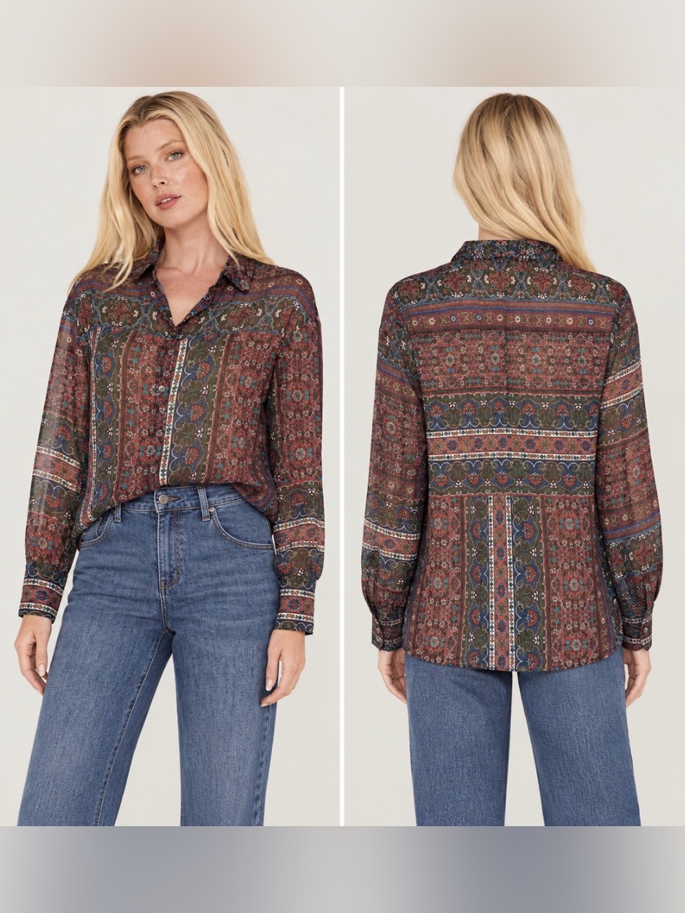 Molly Bracken Metallic Floral Stripe Sheer Button Up Blouse Size L Boho